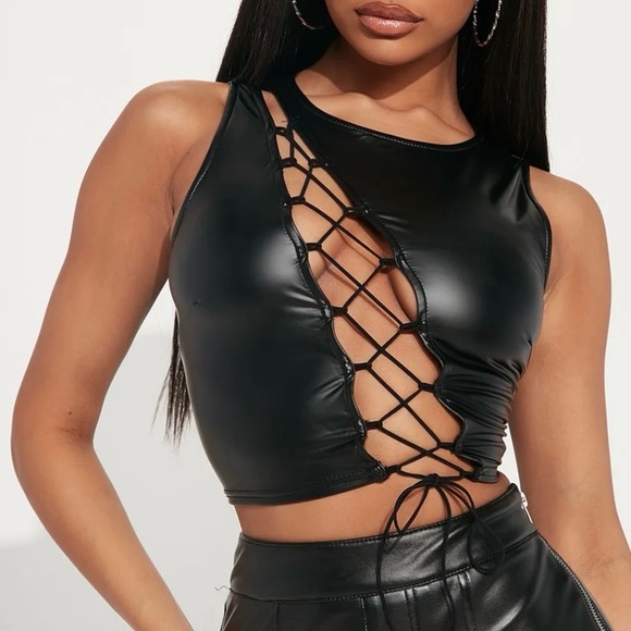 Fashion Nova Tops - NWT Fashion Nova Black Lace-Up Faux Leather Crop Top
